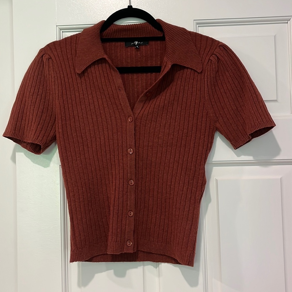 7 For All ManKind Ribbed Sweater Button Down Polo - Size S (rust/brick color)